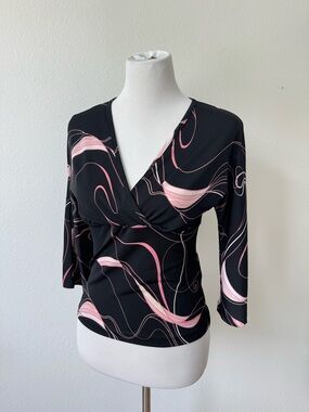 Vintage Women's Black & Pink Wrap-Style 3/4 Sleeve Top